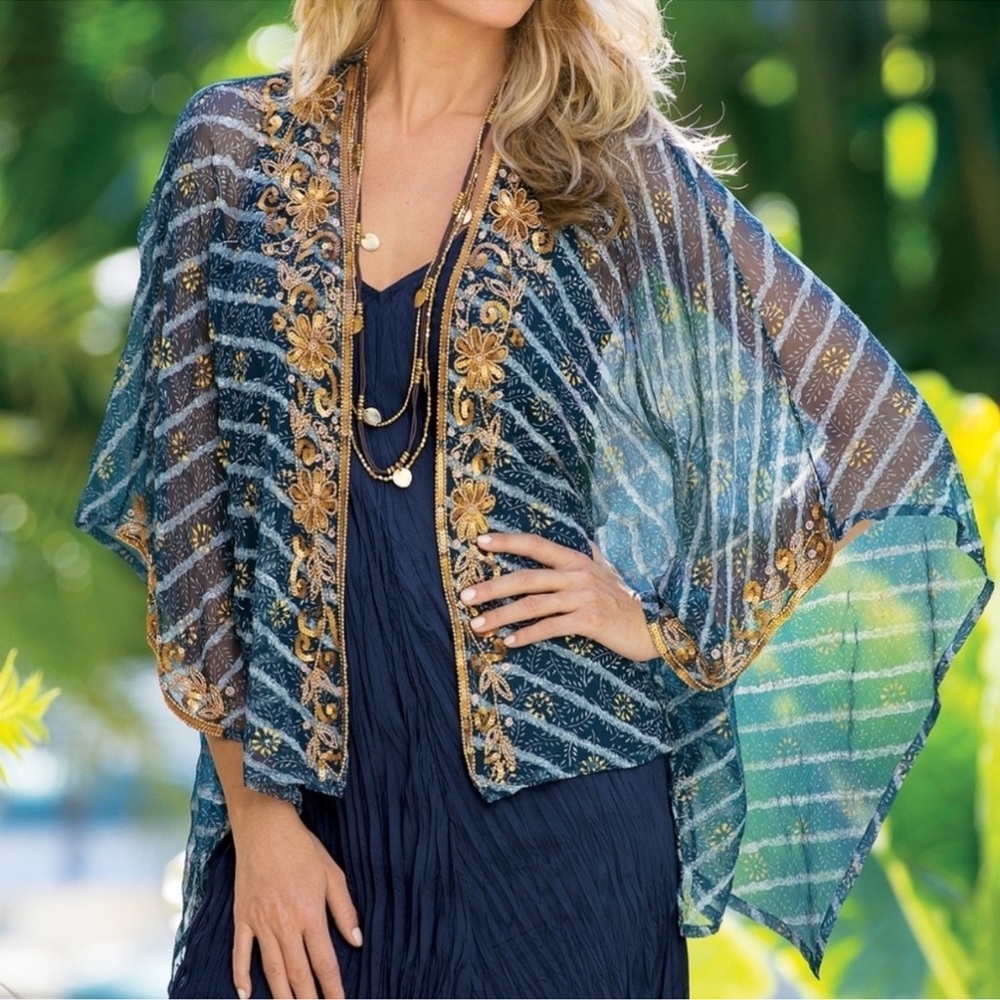 Soft Surroundings Midas Cardi Blue Striped Gold Beaded Floral Kimono L/XL, EUC
